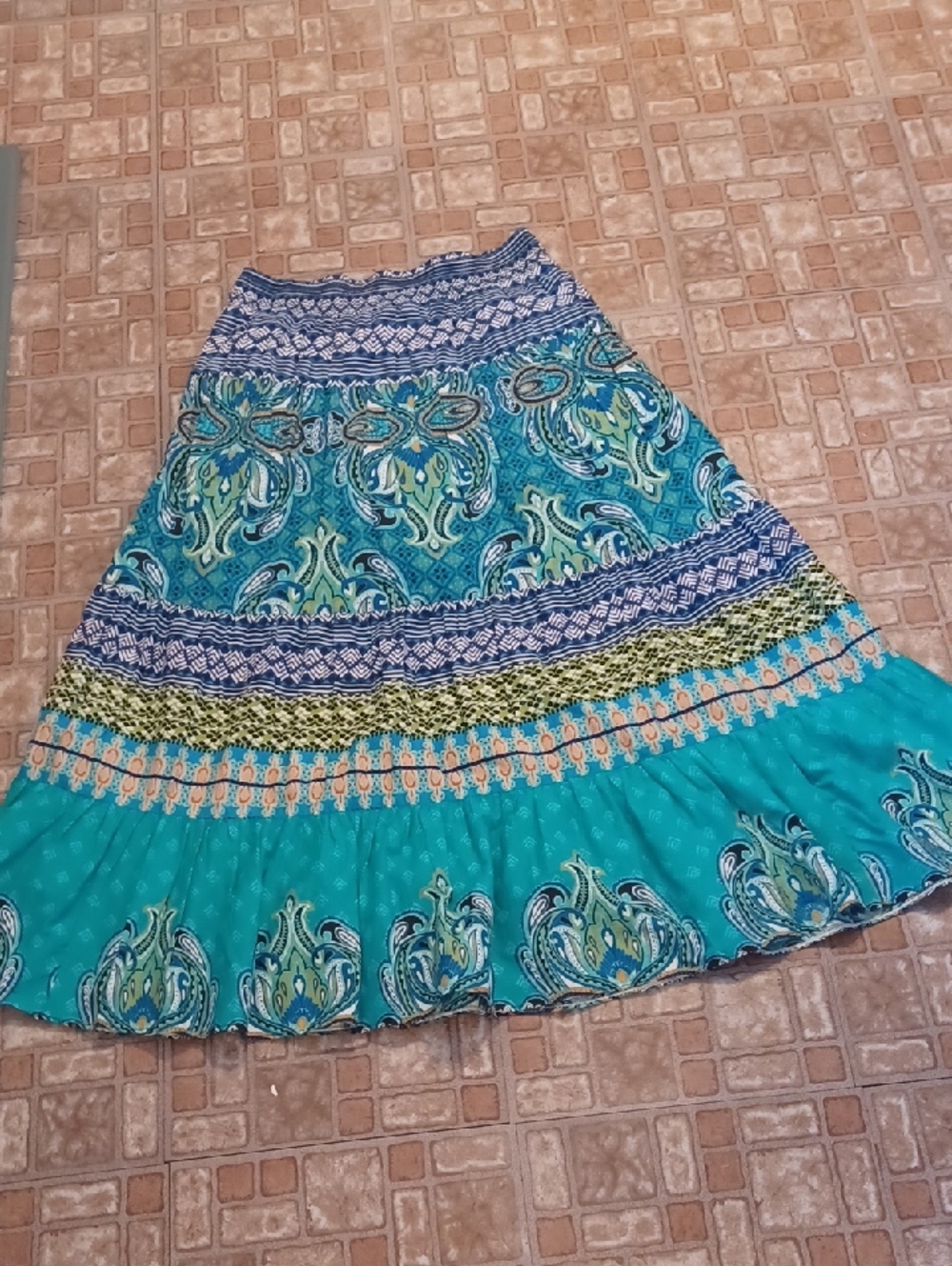 Bohemian Teal Tiered Maxi Skirt - Vibrant Paisley Print Size Medium